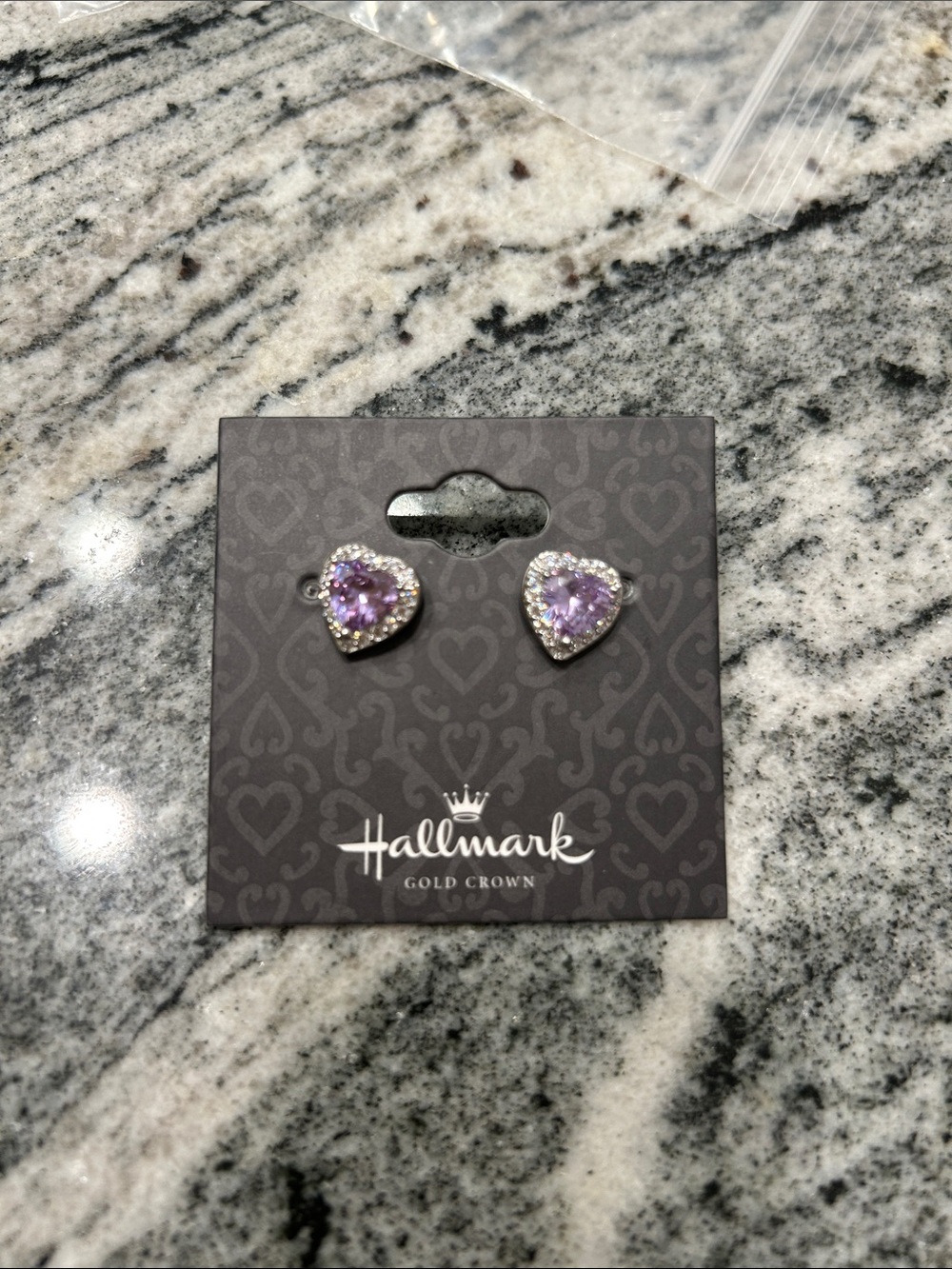 Hallmark Gold Crown Purple Heart Crystal Stud Earrings